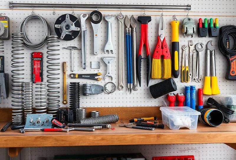 Garage door repair parts and professional tools organized on workbench