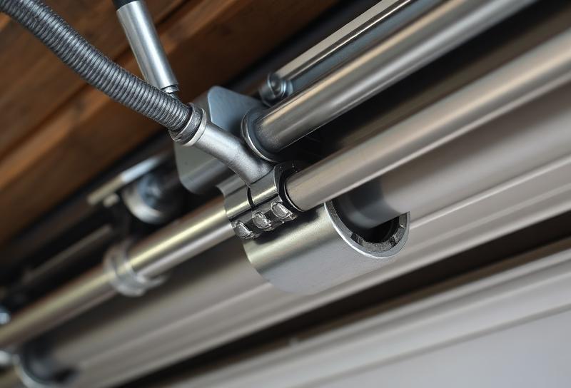 Close-up of garage door steel roller and track system being replaced by professional technician