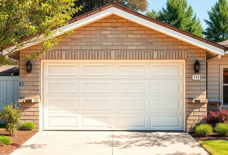 Well-maintained residential garage door in bright summer sunlight with beautiful landscaping